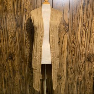 Beige Sleeveless Long Open Front Knit Sweater Vest